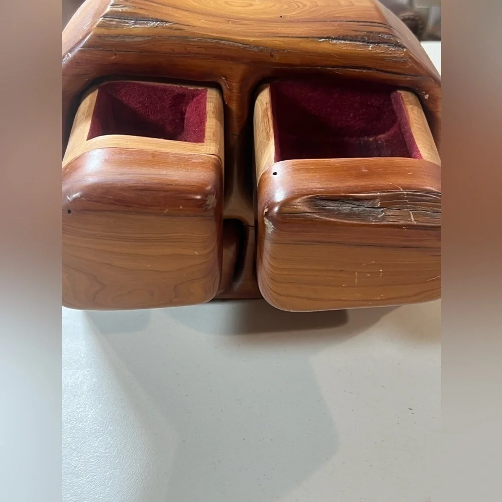 Jeff Trag Carved Knotty Wood Handmade 4 Drawer Jewelry Box Vintage Hand Carved